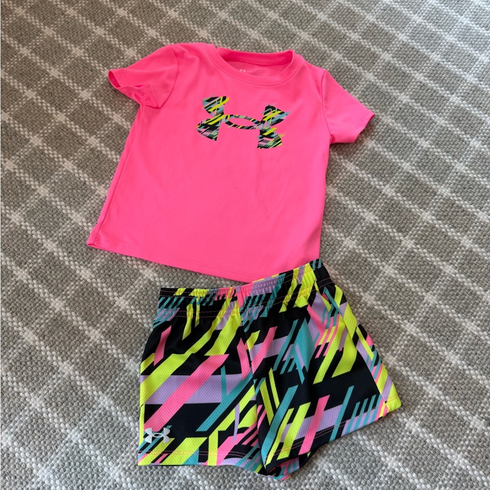 Under Armour Neon Pink Tee and Vibrant Patterned Shorts